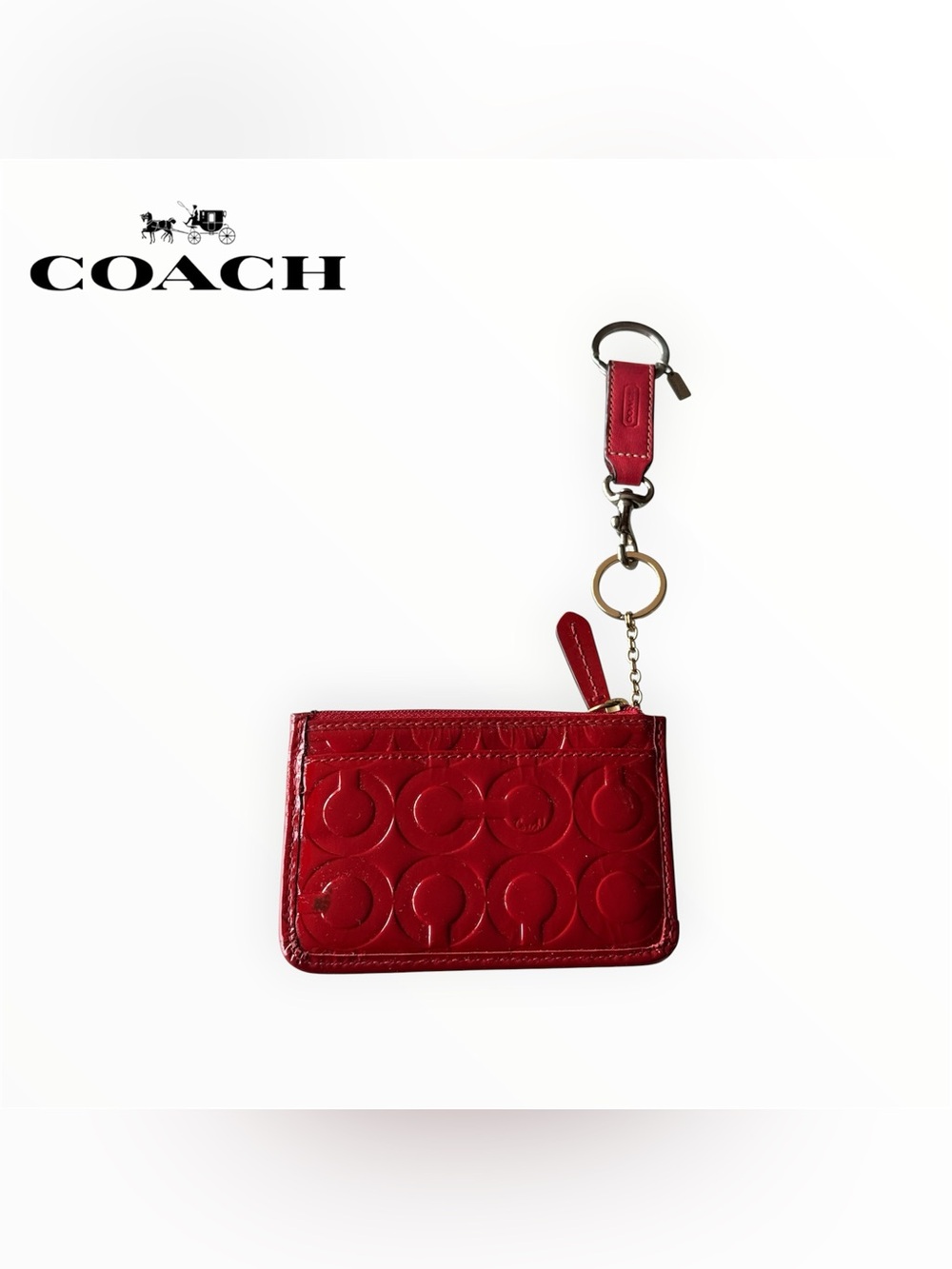 🛍️SALE🛍️ Coach Red Shiny Patent Leather Key Ring Zipper Card Wristlet / Wallet - Picture 2 of 7